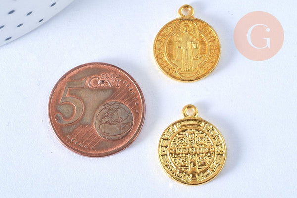 Pendentif médaille ronde Saint Benoit laiton doré émail jaune 18mm, x1 (G5498)