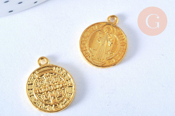 Pendentif médaille ronde Saint Benoit laiton doré émail jaune 18mm, x1 (G5498)