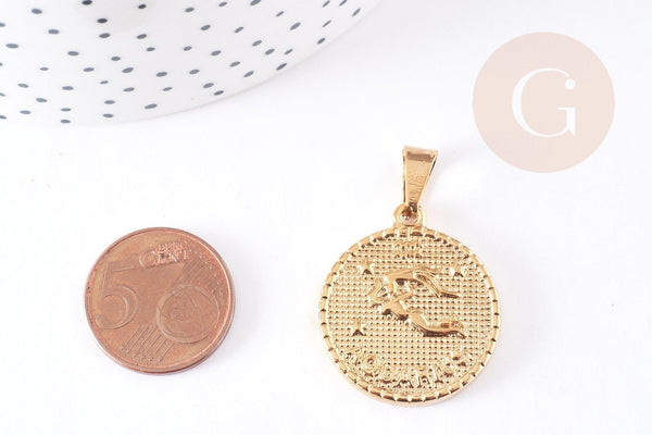 Pendentif médaille ronde Verseau acier 304 inoxydable doré à graver, x1 (G1721)