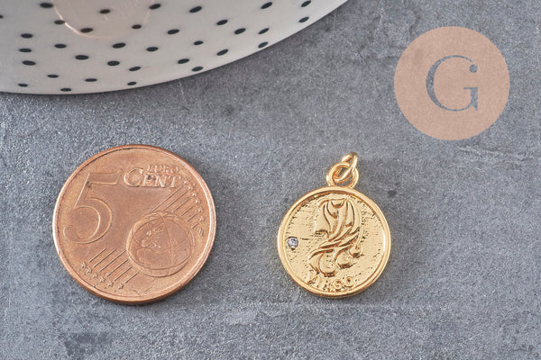 Pendentif médaille ronde Vierge laiton doré 18K, pendentif doré astrologique création bijoux sans nickel,18mm, x1 (G5332)