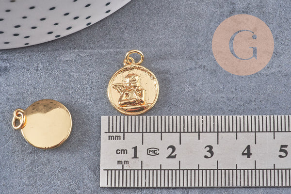 Pendentif médaille ronde ange laiton doré 18K 16.5mm, x1 (G5292)