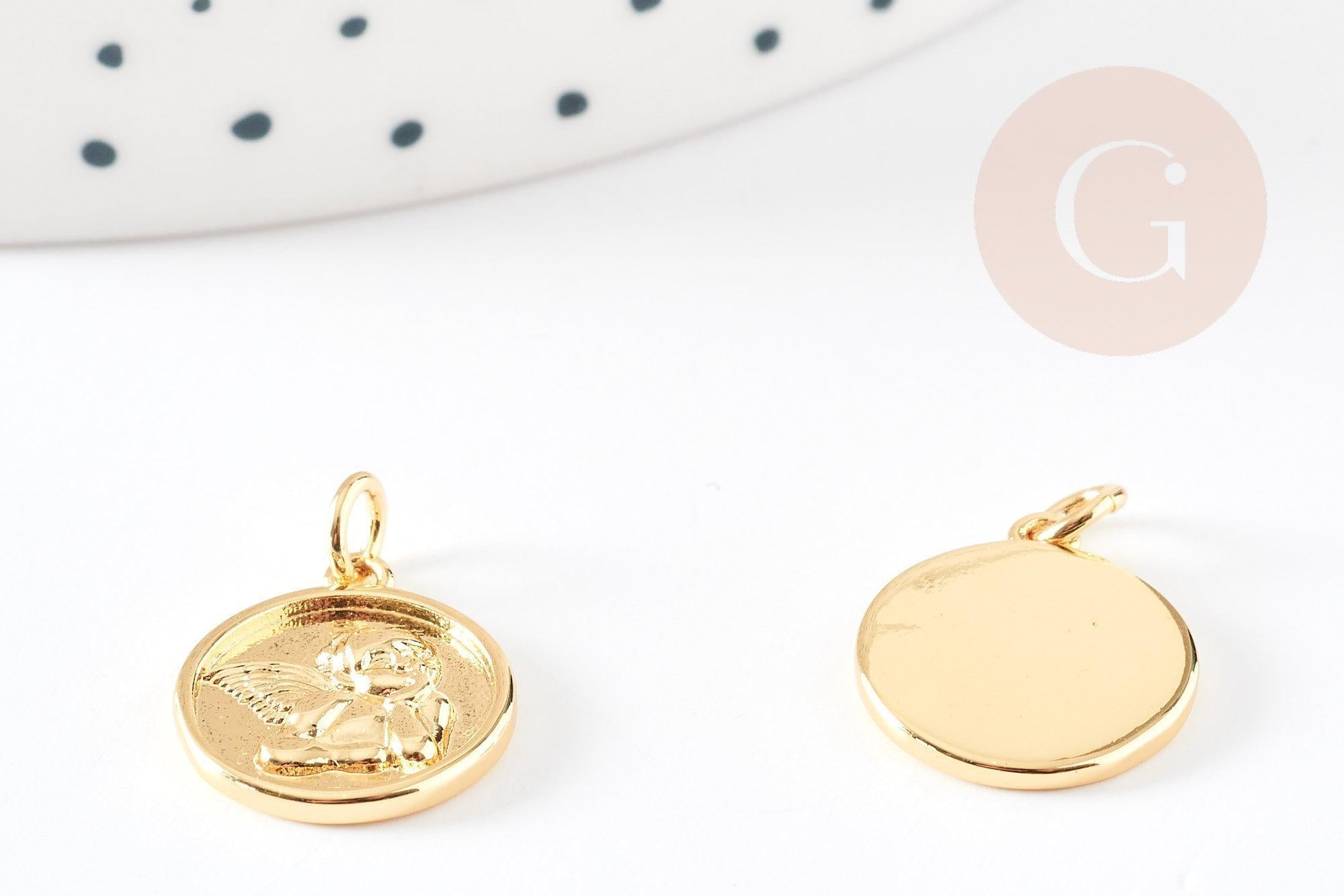 Pendentif médaille ronde ange laiton doré 18K 16mm, x1 (G6712)