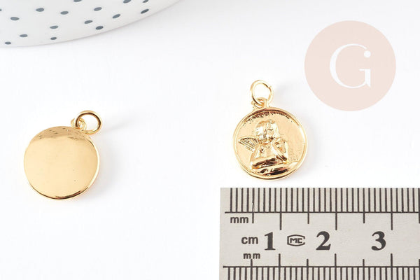 Pendentif médaille ronde ange laiton doré 18K, pendentif laiton doré pour création bijoux,médaille or,17mm, x1 G4929