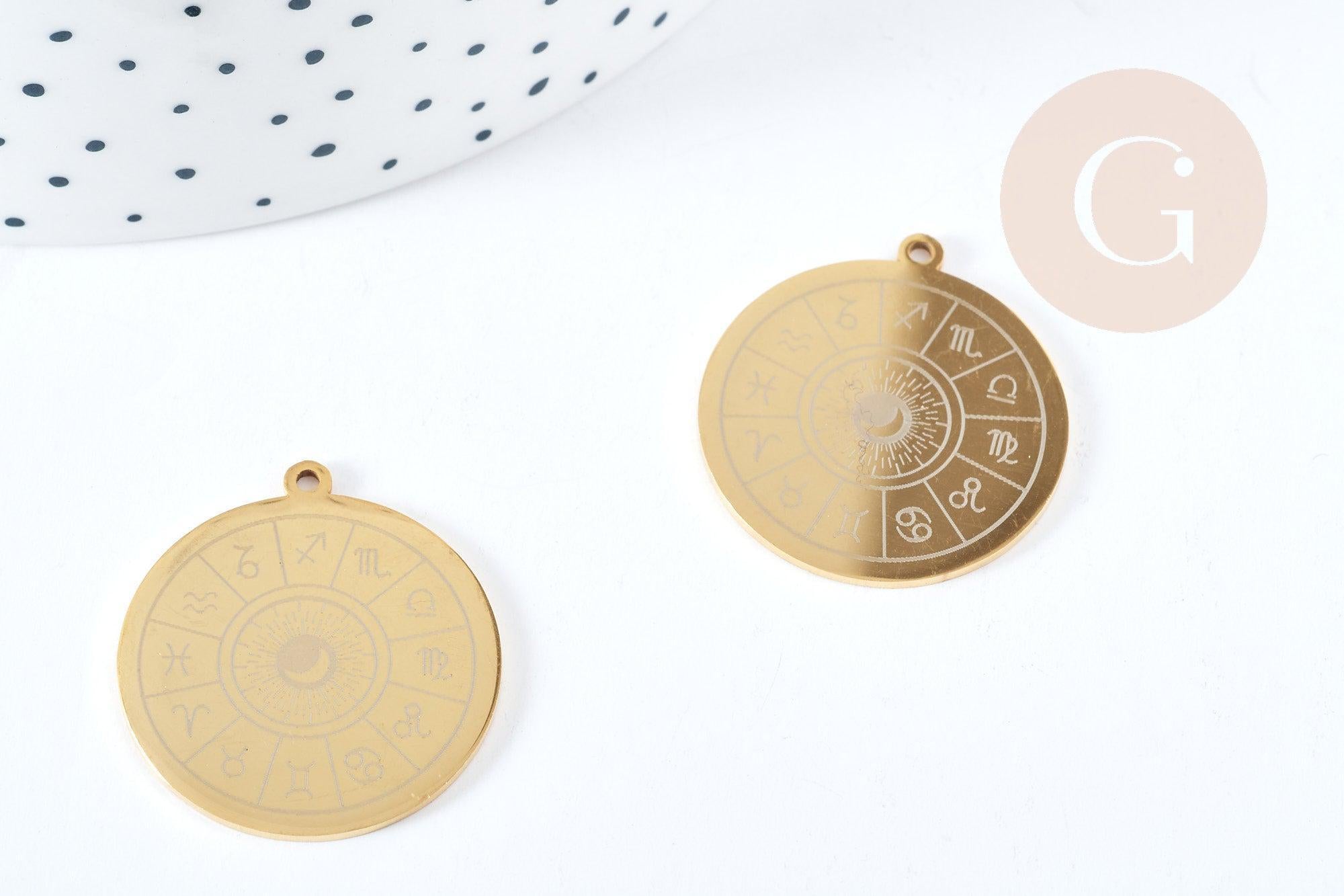 Pendentif médaille ronde astrologie acier 201 inoxydable doré 27.5mm, x1 (G6123)