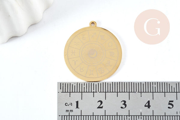 Pendentif médaille ronde astrologie acier 201 inoxydable doré 27.5mm, x1 (G6123)