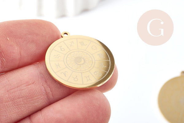 Pendentif médaille ronde astrologie acier 201 inoxydable doré 27.5mm, x1 (G6123)