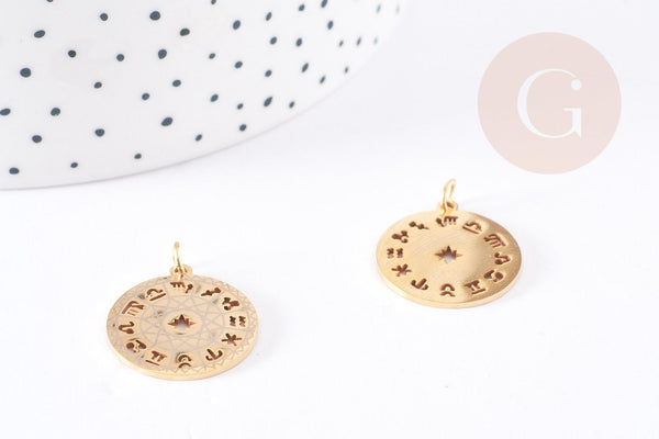 Pendentif médaille ronde astrologie acier doré 22mm, x1 (G1613)