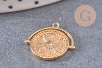 Pendentif médaille ronde boussolle étoile laiton doré 18K, un pendentif doré boussole pour création bijoux, x1 (G6080)