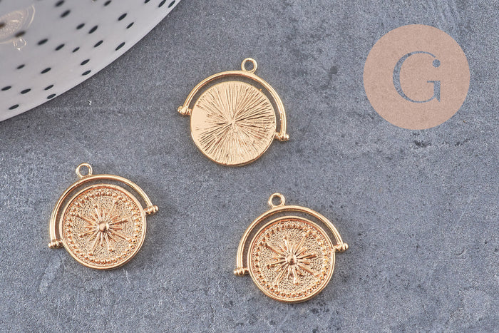 Pendentif médaille ronde boussolle étoile laiton doré 18K, un pendentif doré boussole pour création bijoux, x1 (G6080)