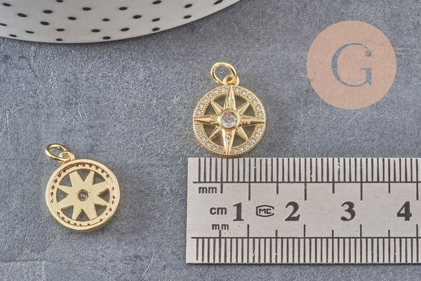 Pendentif médaille ronde boussolle étoile laiton doré 18K zircons 16mm, x1 (G3586)