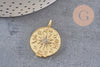 Pendentif médaille ronde boussolle étoile laiton doré 18K zircons, un pendentif doré avec cristal pour création bijoux,29.8mm, x1 (G7043)