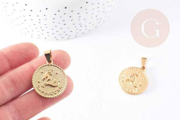 Pendentif médaille ronde capricorne acier doré 29mm, x1 G0818