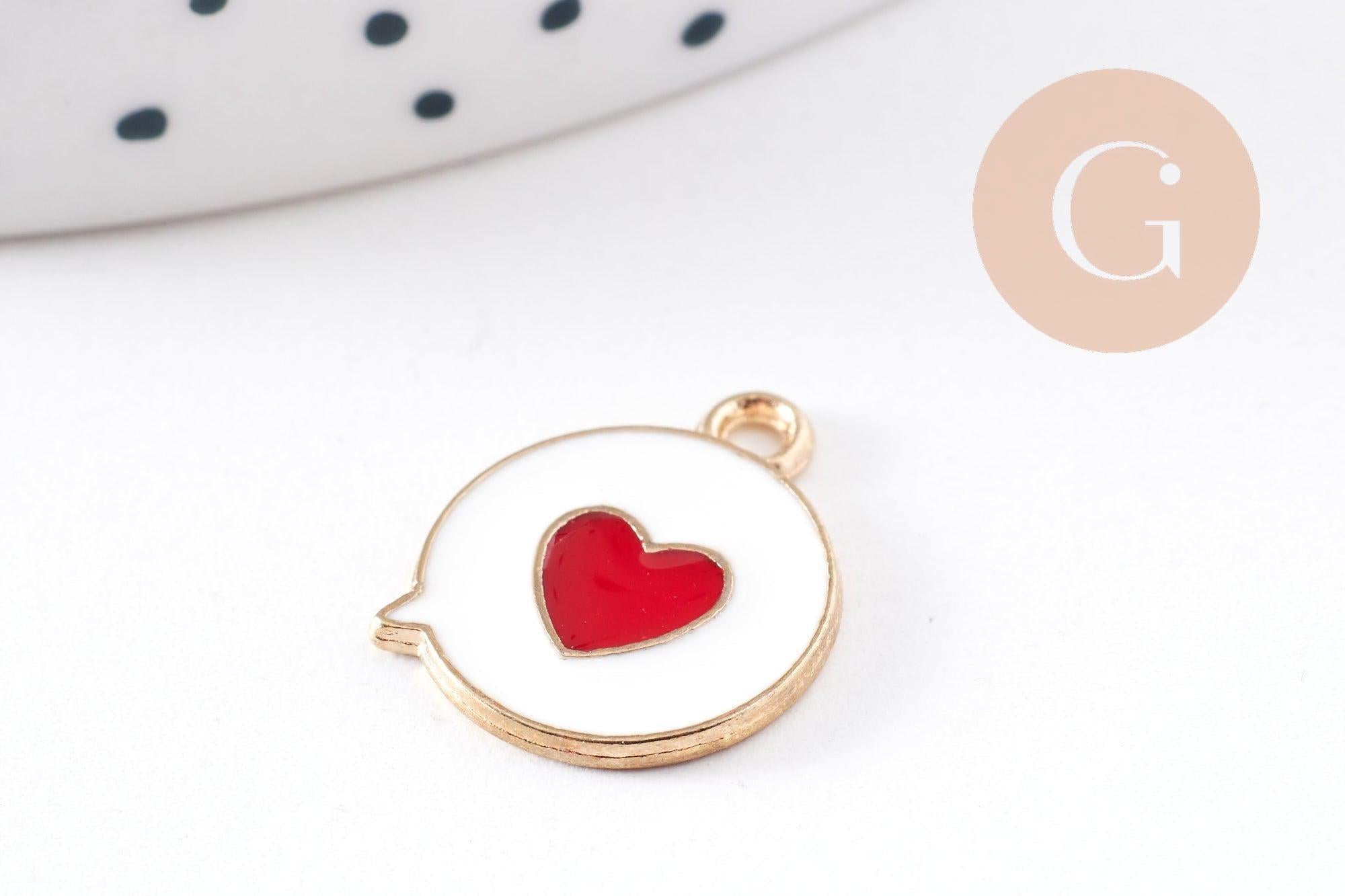 Pendentif médaille ronde coeur émail rouge laiton doré ,pendentif laiton amour pour création bijoux,17mm, x1 (G6192)