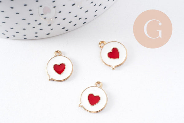 Pendentif médaille ronde coeur émail rouge laiton doré ,pendentif laiton amour pour création bijoux,17mm, x1 (G6192)