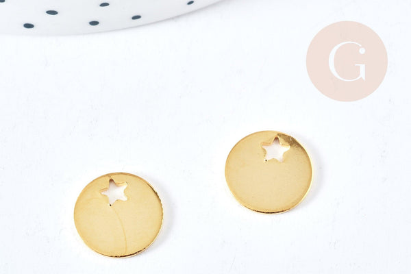 Pendentif médaille ronde étoile acier 201 doré inoxydable 12.5mm, x1 (G8818)