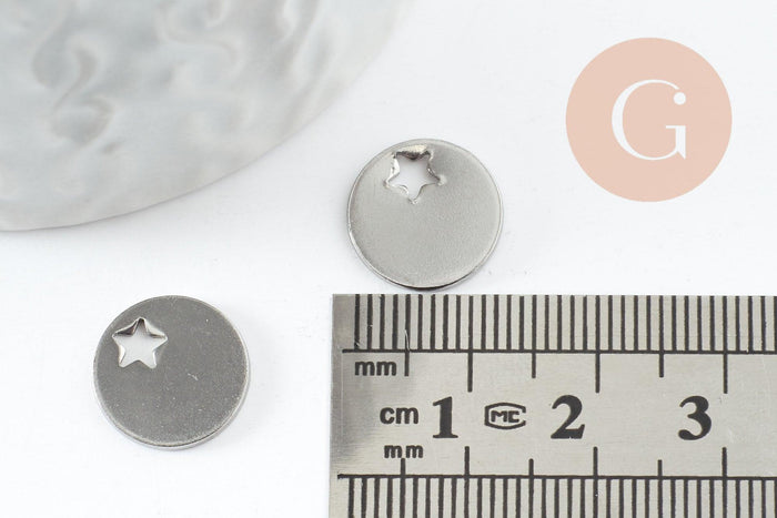 Pendentif médaille ronde étoile acier 201 inoxydable platine 12.5mm, x1 (G9500)