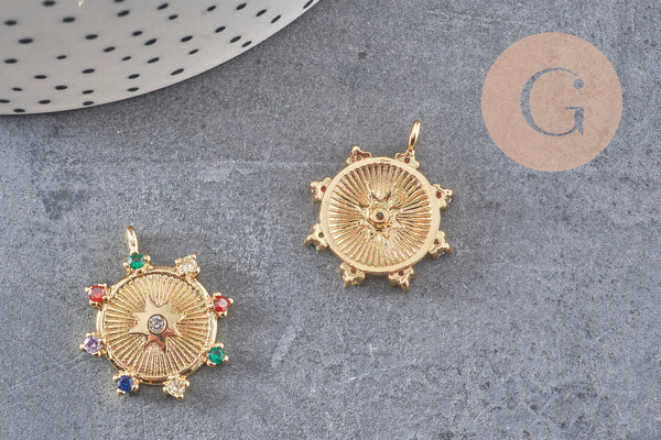 Pendentif médaille ronde étoile laiton doré zircons colorés, un pendentif doré avec cristaux pour création bijoux,24mm, x1 (G3377)