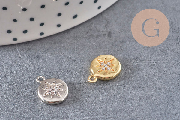 Pendentif médaille ronde étoile laiton doré zircons, pendentif doré avec cristaux pour création bijoux,13mm, x1 (G3471)