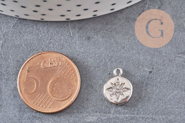 Pendentif médaille ronde étoile laiton doré zircons, pendentif doré avec cristaux pour création bijoux,13mm, x1 (G3471)