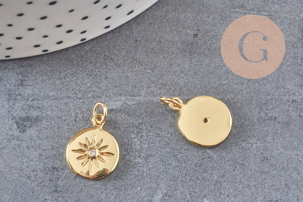 Pendentif médaille ronde étoile laiton doré zircons, un pendentif doré avec cristaux pour création bijoux,15mm, x1 (G3542)