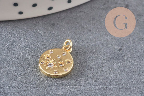 Pendentif médaille ronde étoiles laiton doré zircons, un pendentif doré avec cristaux pour création bijoux,14mm, x1 (G4748)