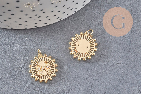 Pendentif médaille ronde flèches laiton doré 18K zircons, un pendentif doré avec cristal pour création bijoux,18.5mm, x1 (G3556)