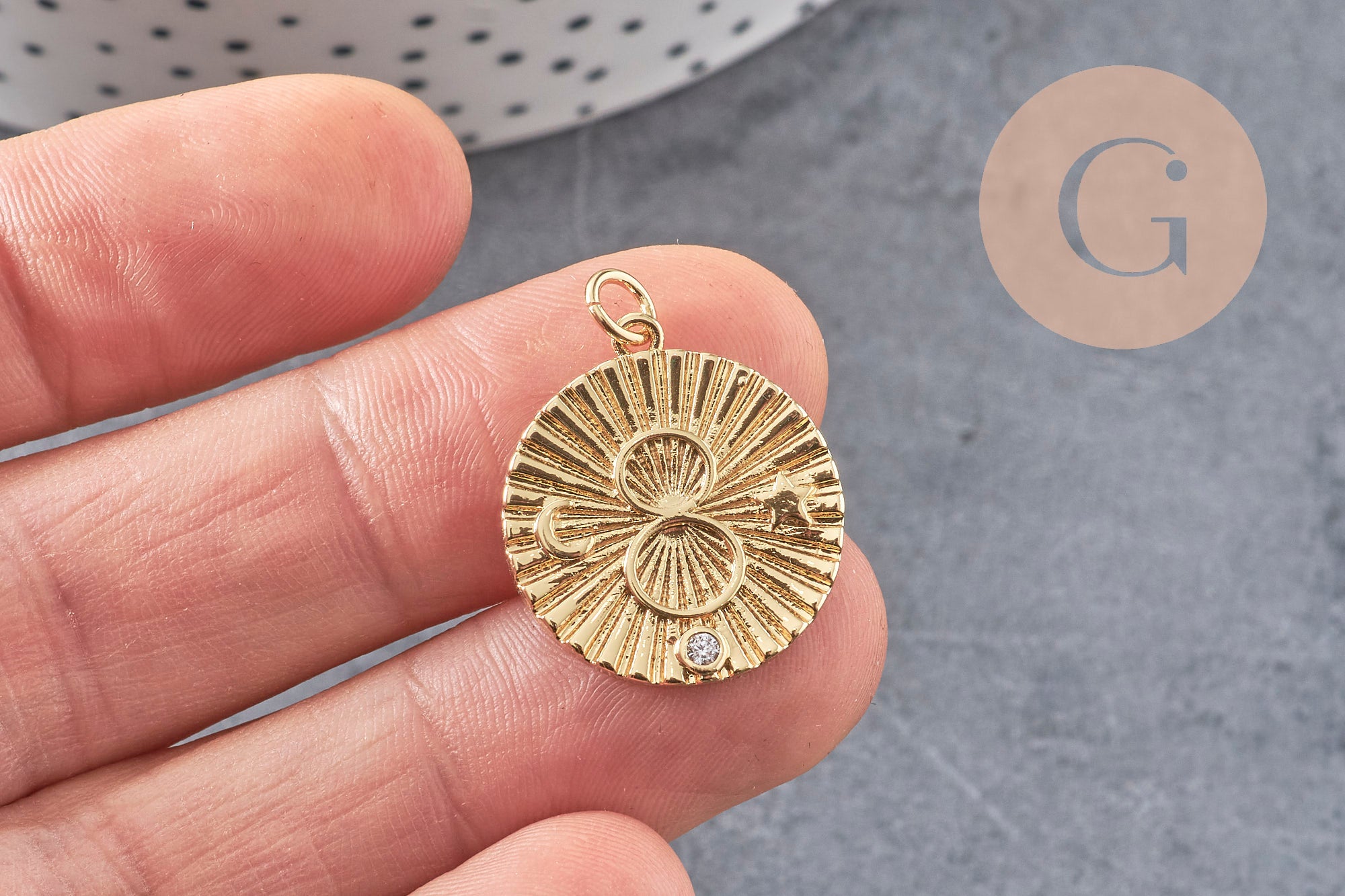 Pendentif médaille ronde infini laiton doré texturé, pendentif doré sans nickel pour la création bijoux,médaille or,22.5mm, x1 (G5286)