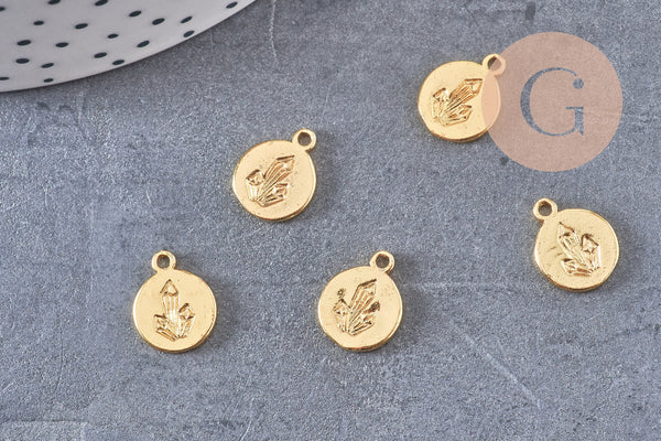 Pendentif médaille ronde laiton doré diamant gem, une médaille dorée ronde pour création de bijoux,12.5mm, x1 (G3564)