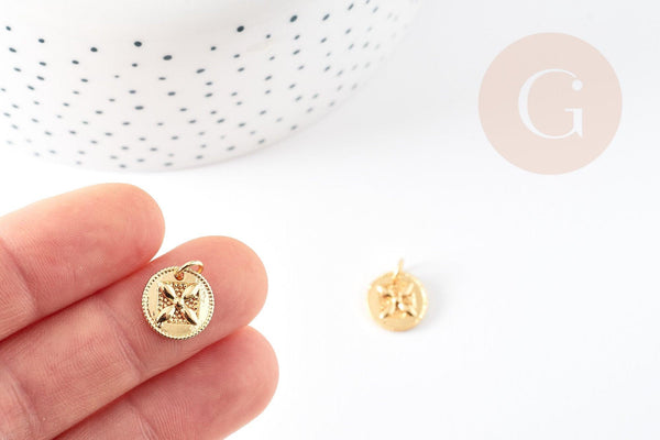 Pendentif médaille ronde laiton doré fleur 12mm, x1 (G4826)