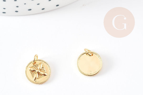 Pendentif médaille ronde laiton doré fleur 12mm, x1 (G4826)