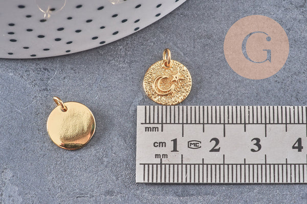 Pendentif médaille ronde lune étoile laiton doré texturé, un pendentif doré sans nickel création bijoux,12mm, x1 (G4932)