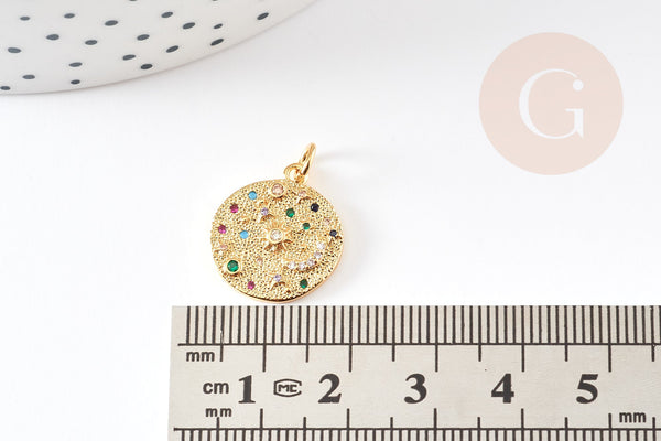Pendentif médaille ronde lune laiton doré zircons colorés 17mm, x1 (G4749)