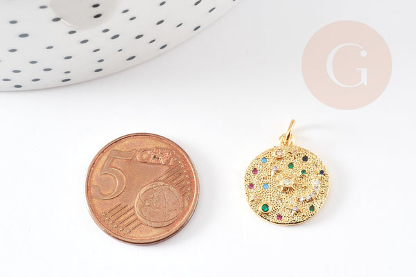 Pendentif médaille ronde lune laiton doré zircons colorés 17mm, x1 (G4749)