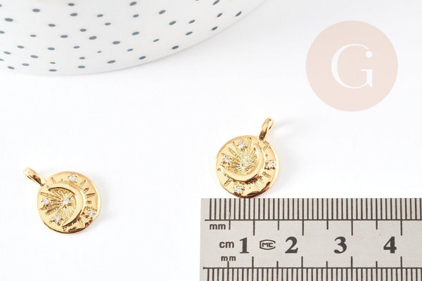 Pendentif médaille ronde lune laiton doré zircons, un pendentif doré avec cristaux pour création bijoux,18mm, x1 G4856