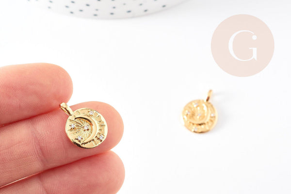 Pendentif médaille ronde lune laiton doré zircons, un pendentif doré avec cristaux pour création bijoux,18mm, x1 G4856