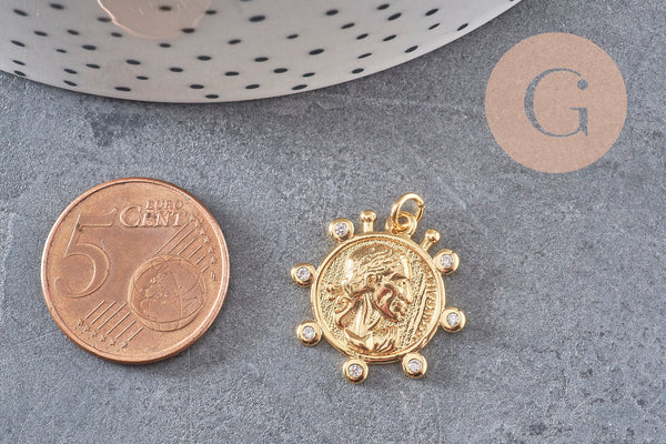 Pendentif médaille ronde monnaie zircons, pendentif doré, médaillon,métal doré, ,21mm x1 (G3476)