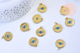 Pendentif médaille ronde oeil émail bleu laiton doré 18K et cristal zircon,pendentif laiton chance pour création bijoux,19mm, x1 G5645