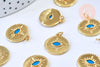 Pendentif médaille ronde oeil émail bleu laiton doré 18K et cristal zircon,pendentif laiton chance pour création bijoux,19mm, x1 G5645