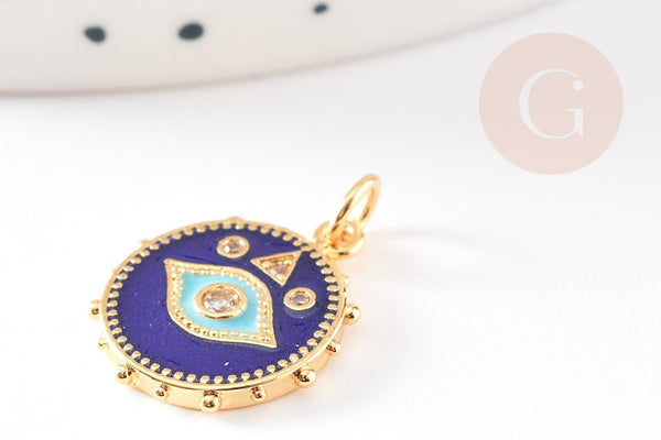 Pendentif médaille ronde oeil émail bleu laiton doré 18K et cristal zircon,pendentif porte-bonheur,18.5mm, x1 G4087