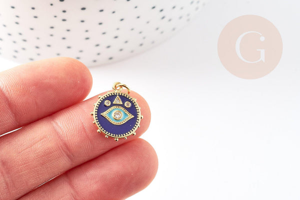 Pendentif médaille ronde oeil émail bleu laiton doré 18K et cristal zircon,pendentif porte-bonheur,18.5mm, x1 G4087