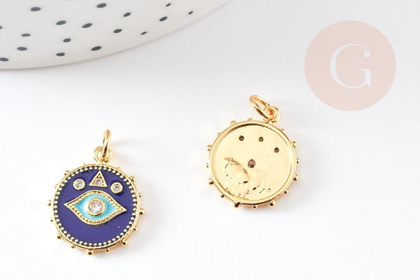 Pendentif médaille ronde oeil émail bleu laiton doré 18K et cristal zircon,pendentif porte-bonheur,18.5mm, x1 G4087