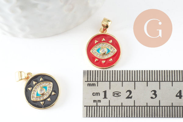 Pendentif médaille ronde oeil émail rouge laiton doré 18K et cristal zircon,pendentif laiton amour pour création bijoux,16mm, x1 (G3298)