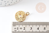 Pendentif médaille ronde oeil laiton doré 18K texturé zircon, pendentif doré sans nickel pour la création médaille or,19mm, x1 G4082