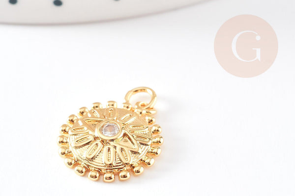 Pendentif médaille ronde oeil laiton doré 18K texturé zircon, sans nickel pour la création bijoux médaille or,18mm, x1 (G5328)