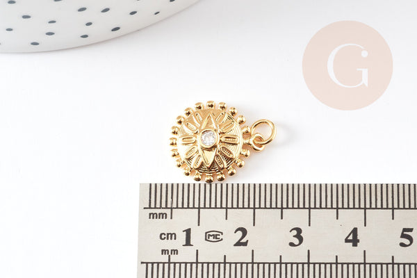 Pendentif médaille ronde oeil laiton doré 18K texturé zircon, sans nickel pour la création bijoux médaille or,18mm, x1 (G5328)