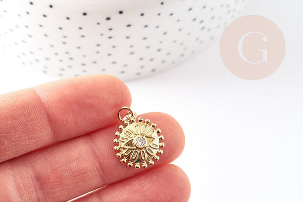 Pendentif médaille ronde oeil laiton doré 18K texturé zircon, sans nickel pour la création bijoux médaille or,18mm, x1 (G5328)