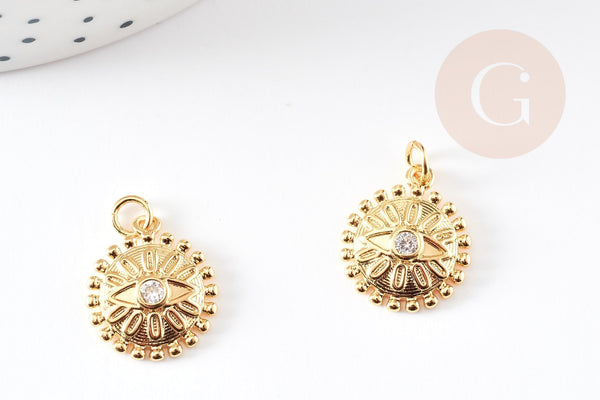 Pendentif médaille ronde oeil laiton doré 18K texturé zircon, sans nickel pour la création bijoux médaille or,18mm, x1 (G5328)