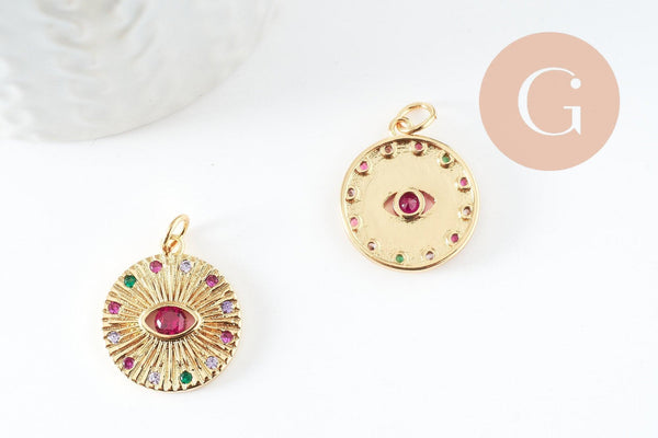 Pendentif médaille ronde oeil laiton doré 18K zircons multicolore 23.5mm,médaille or, x1 (G5857)