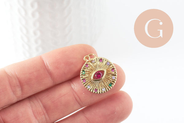 Pendentif médaille ronde oeil laiton doré 18K zircons multicolore 23.5mm,médaille or, x1 (G5857)