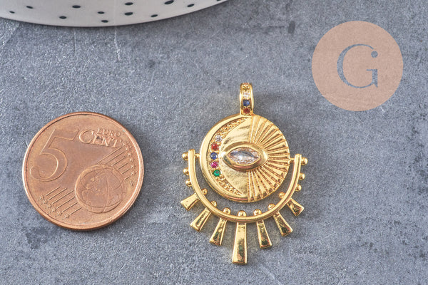 Pendentif médaille ronde oeil laiton doré 18K zircons,pendentif doré original pour la création bijoux chance,31mm, x1 (G4656)